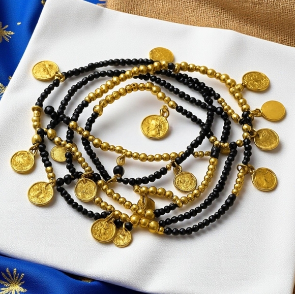 🆕 Handmade Indian Artisan Gold & Black Coin Charm 8-Piece Beaded Bracelet Set - Picture 1 of 10